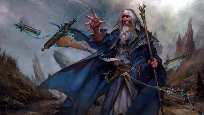 Wizard casting magic with a staff in a rocky landscape