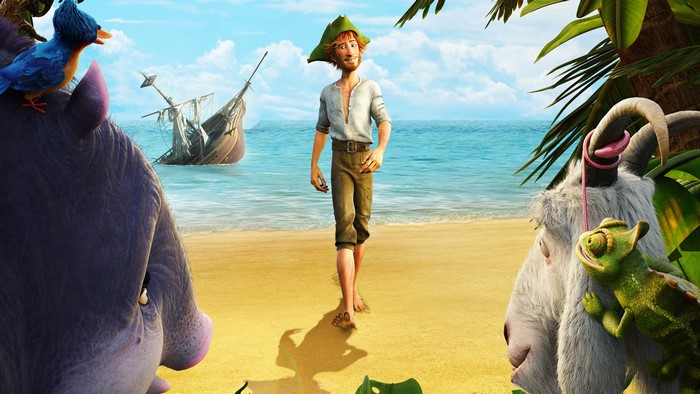 Animated man on a beach with shipwreck and animals