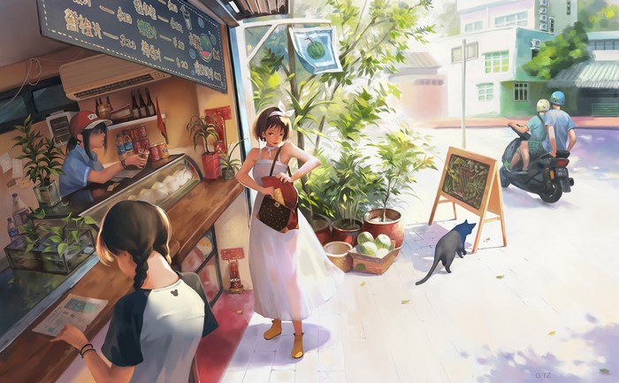 Street scene with people at a food stall and a cat