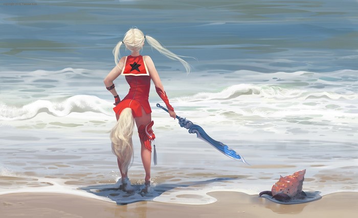 Woman with sword on beach, digital art by Taejune Kim