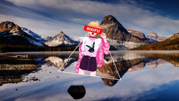 Anime girl with 'WAIFU' censor bar over mountains and lake