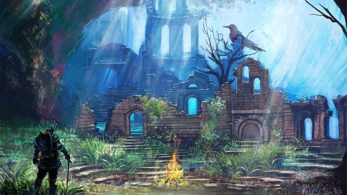 Knight in ruined temple with crow