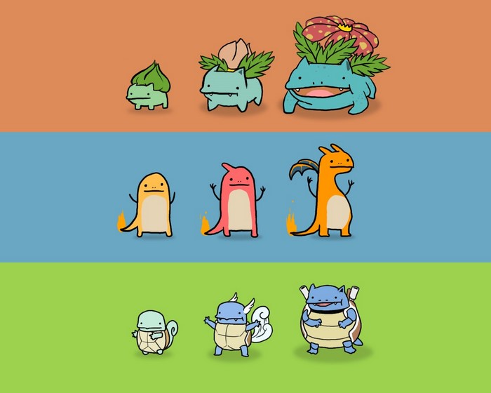 Pokemon Evolutions: Bulbasaur, Charmander, and Squirtle lines