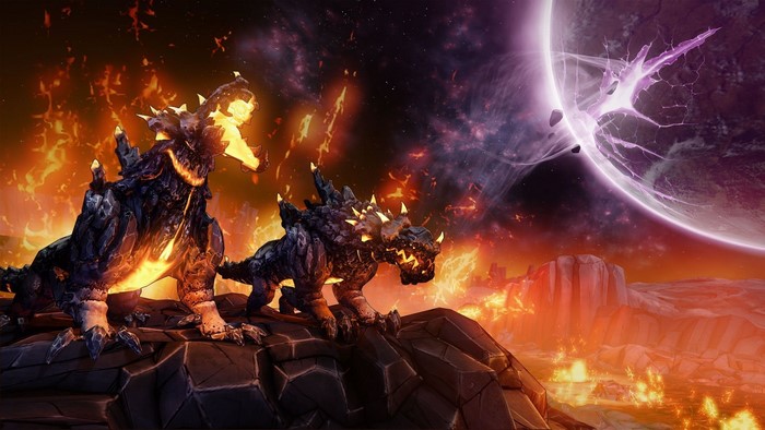 Two fiery reptilian creatures on a rocky planet