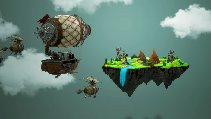 Steampunk airships flying near a floating island with a waterfall