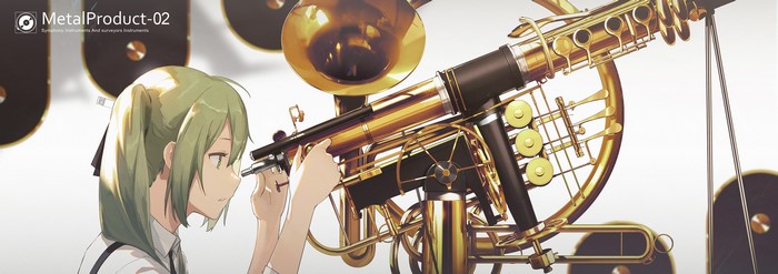 Anime girl with green hair and eyes examining a brass instrument