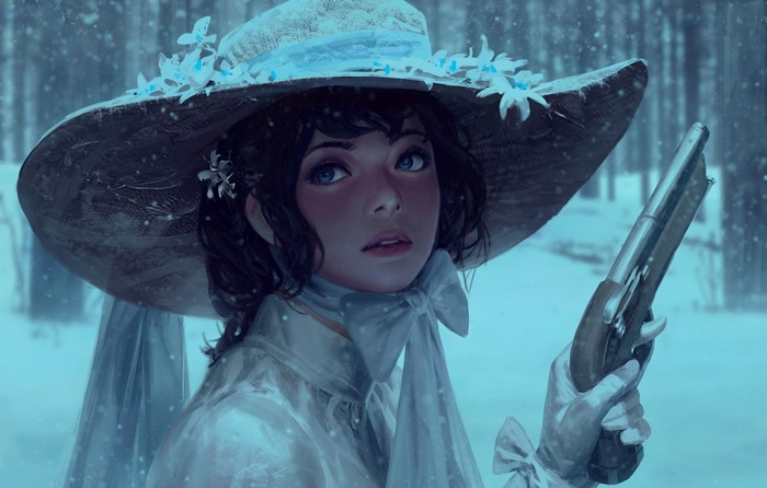 Woman in a hat with a gun in the snow