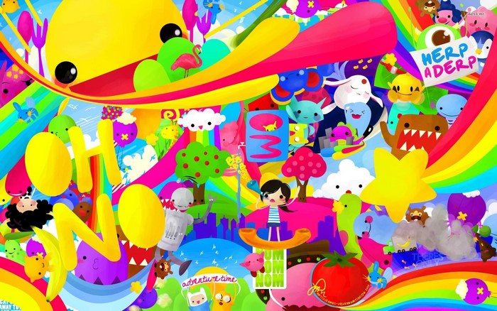 Adventure Time characters in a colorful, abstract landscape