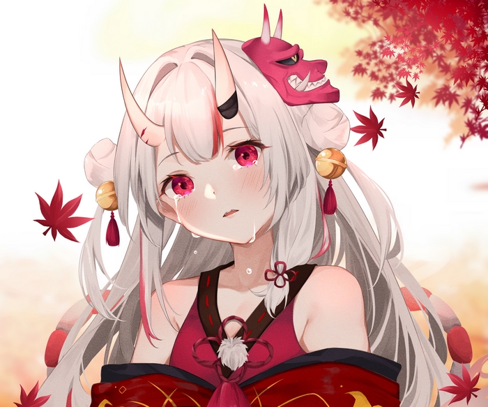 Nakiri Ayame crying with pink eyes and horns