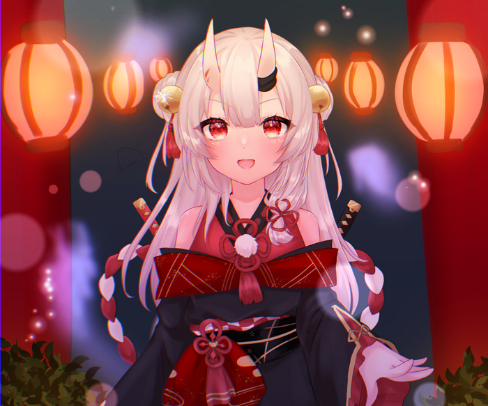 Nakiri Ayame in traditional Japanese attire with lanterns