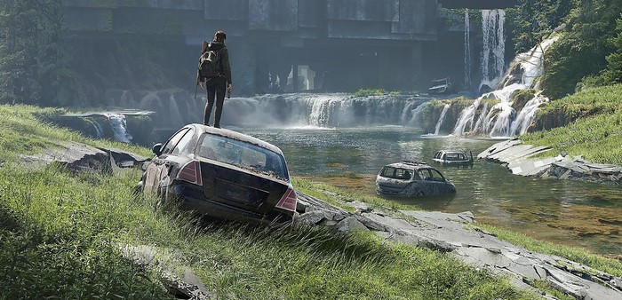 Ellie from The Last of Us standing on a car