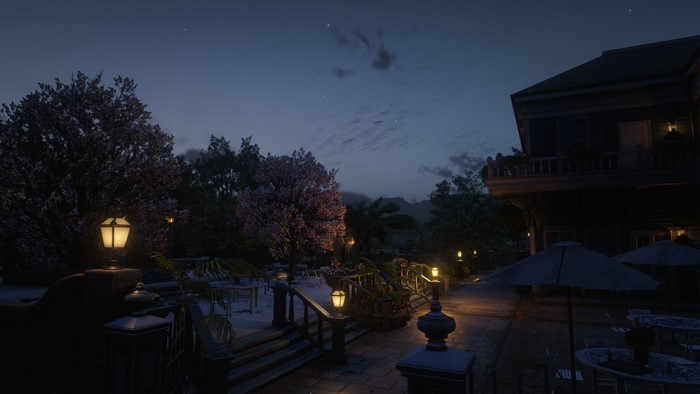 Outdoor patio at dusk in Red Dead Redemption 2