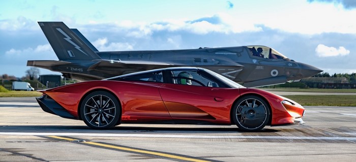 McLaren Speedtail and F-35B Lightning II on runway
