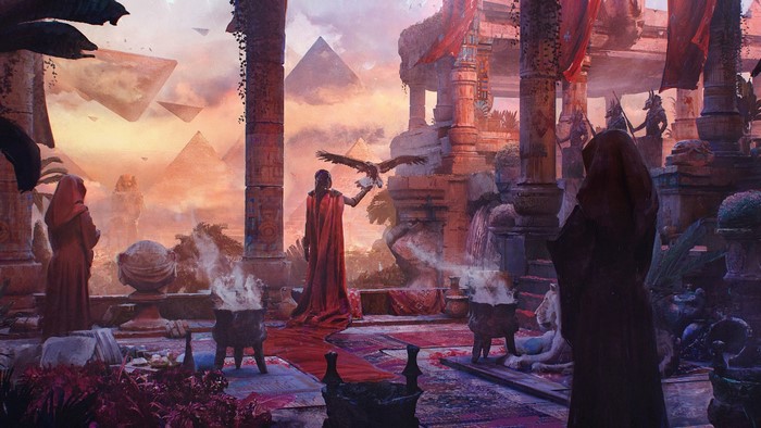 Ancient Egyptian ruins with floating pyramids and figures