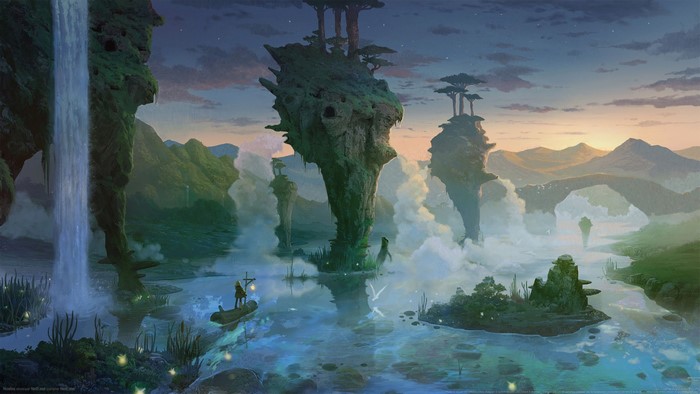 Digital art of a fantasy landscape with floating islands
