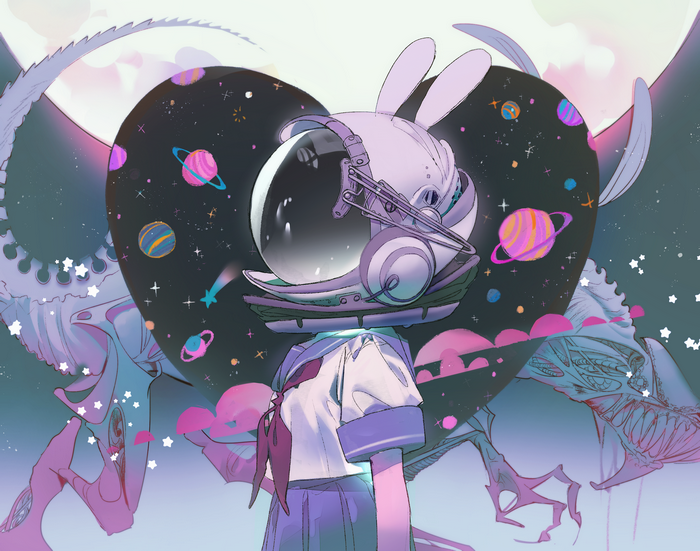 Anime artwork of a schoolgirl with a bunny astronaut helmet