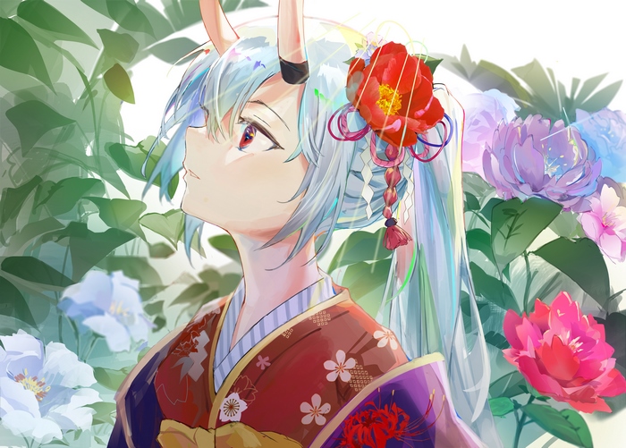 Nakiri Ayame in a Kimono with Flowers