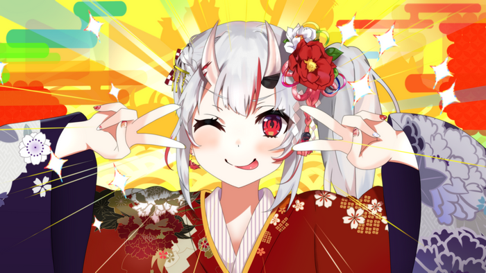Nakiri Ayame in Kimono with Horns and Red Eyes
