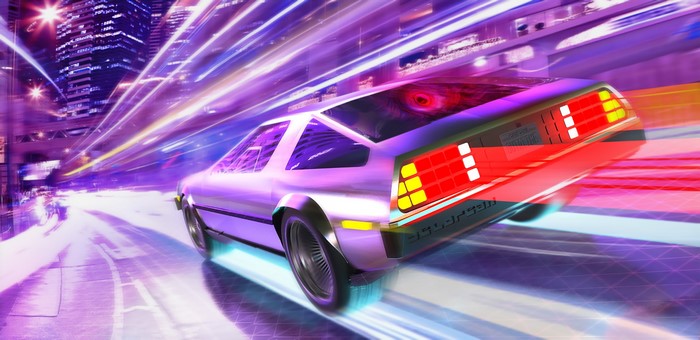 DeLorean driving through a synthwave city at night