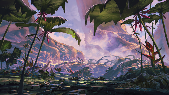 Fantasy landscape with alien plants and rock formations