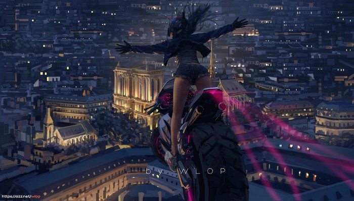 Anime girl on a motorcycle overlooking a city at night