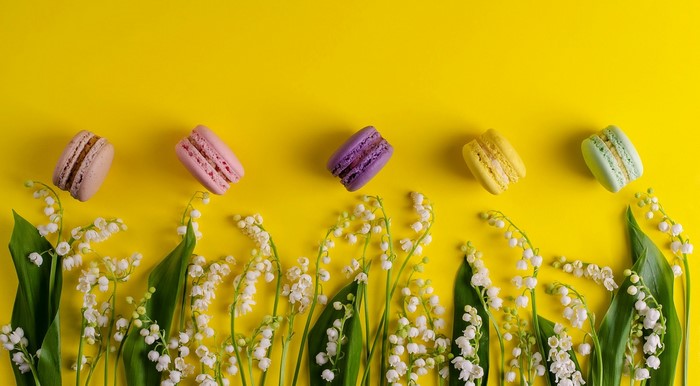 Colorful macarons and lily of the valley flowers on yellow background