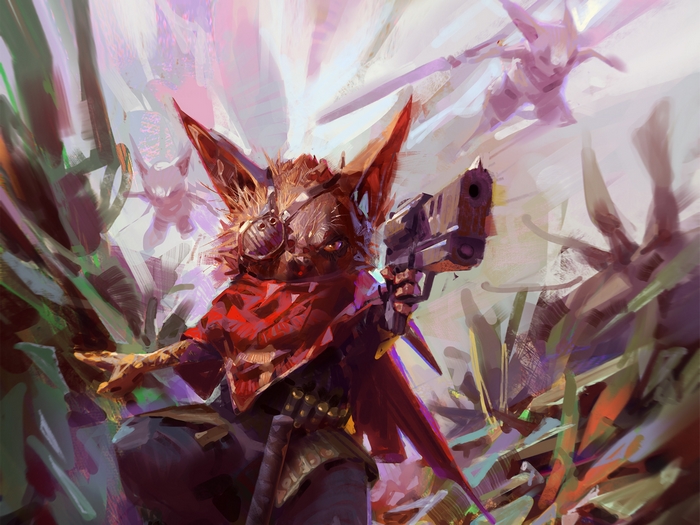 Biomutant character with gun in foliage