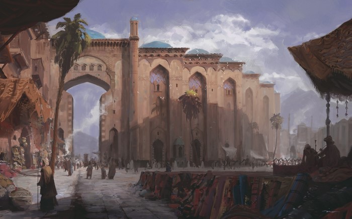 Fantasy city street scene with marketplace and architecture