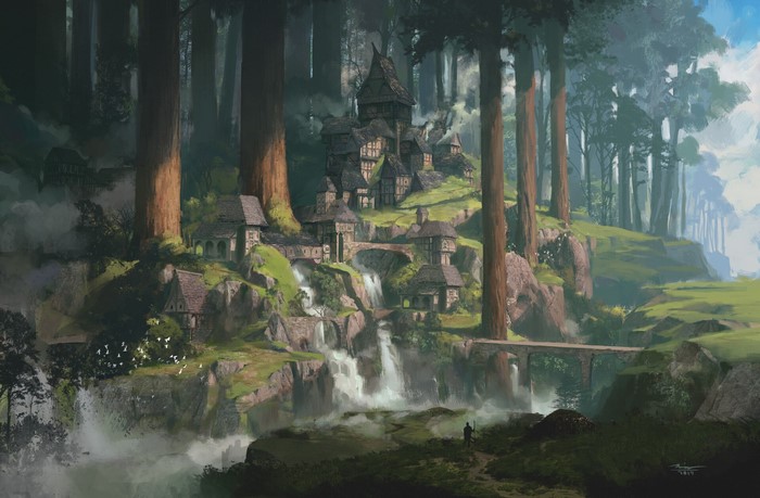 Fantasy village nestled among giant trees with waterfalls