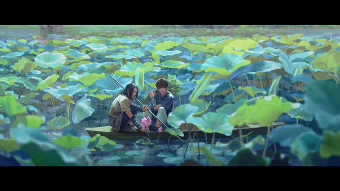 Two people in a boat among lily pads
