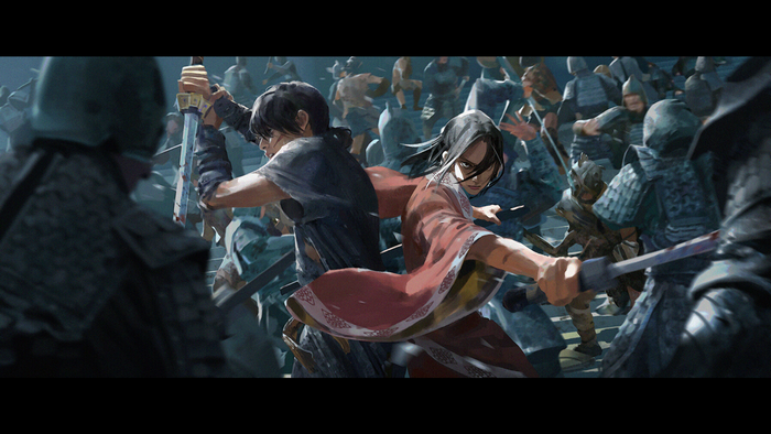 Two warriors fighting in a battle