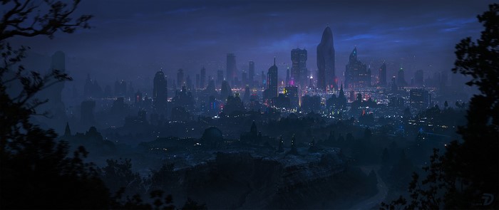 Futuristic cityscape at night with glowing lights