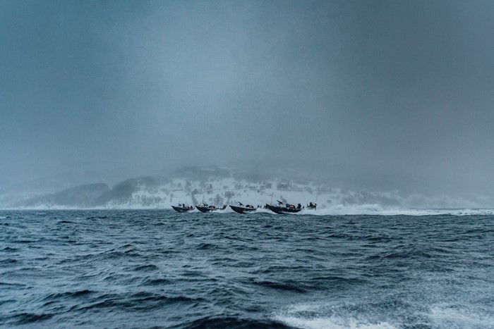 Military boats training in Norway during winter