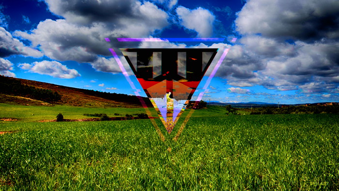 Psychedelic Triangle Over Green Plains and Sky