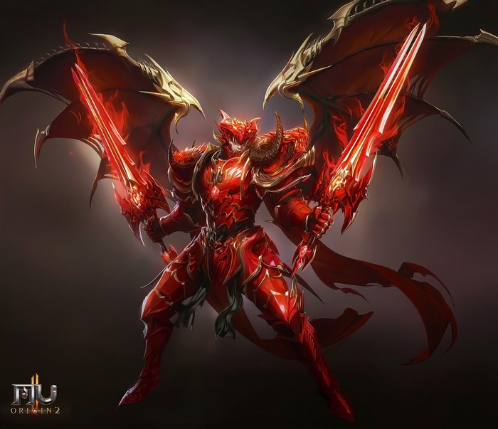 Red armored warrior with wings and swords