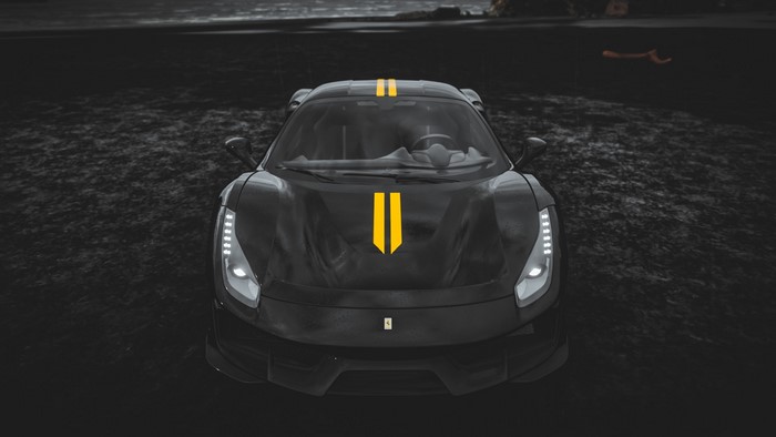 Black Ferrari 488 Pista with yellow stripes