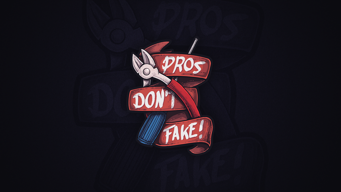 Pliers on a ribbon with text "Pros Don't Fake!"