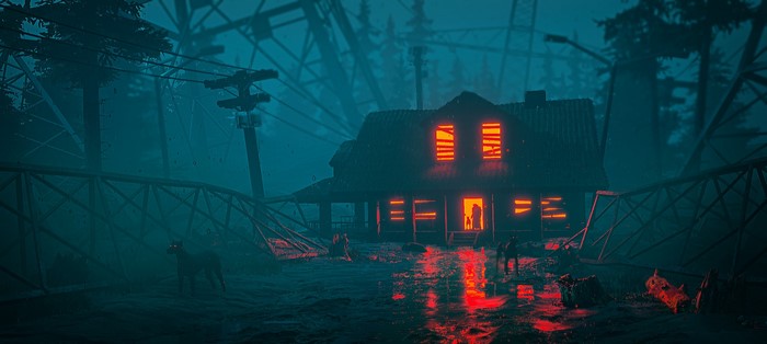 Haunted house in a dark, foggy forest with a Ferris wheel