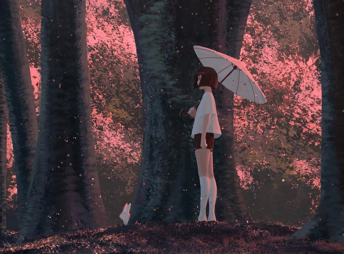 Girl with Umbrella and Rabbit in Forest