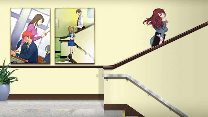 Anime characters on school stairs and in picture frames