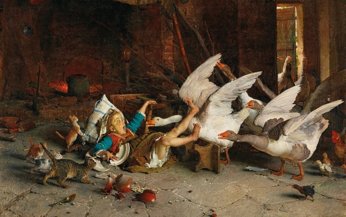 A Girl Attacked by Geese in a Farmyard by Gaetano Chierici