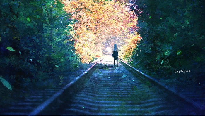 Anime girl on railroad tracks with autumn trees
