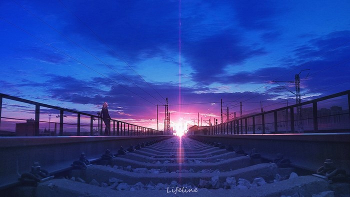 Anime girl on a train platform at sunset