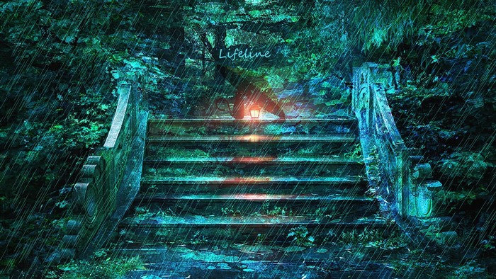 Lifeline text over rainy forest stairs with lantern