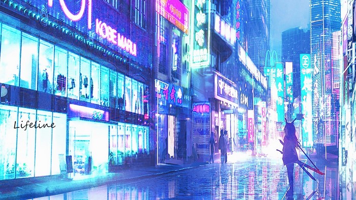 Lifeline from Arknights in a neon city