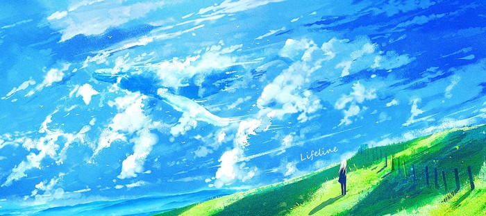 Anime landscape with a girl and flying whales in the sky