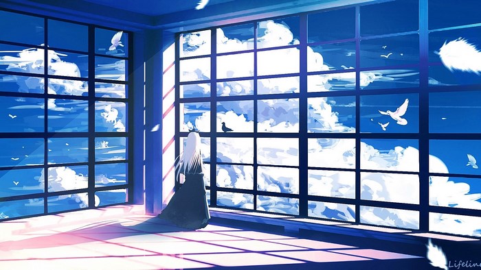 Anime girl looking out a window at clouds and birds