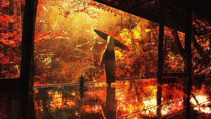 Fantasy girl with umbrella in autumn forest