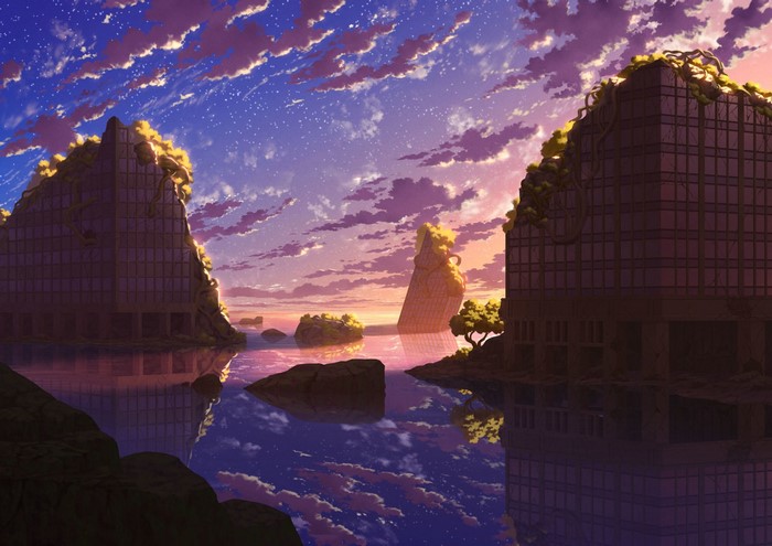 Ruined buildings in a serene sunset landscape
