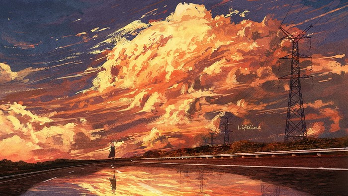 Anime girl on a wet road with dramatic sunset clouds
